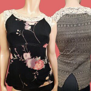 Vintage 90s Y2K Boho Fairy Grunge Black Floral Top Size S Sleeveless Mixed Media